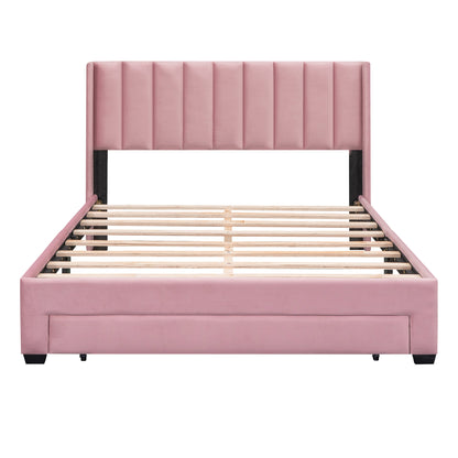 Velvet Upholstered Platform Bed with a Big Drawer - Pink