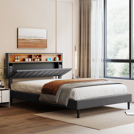 Upholstered Platform Bed with Storage Headboard and USB Port
