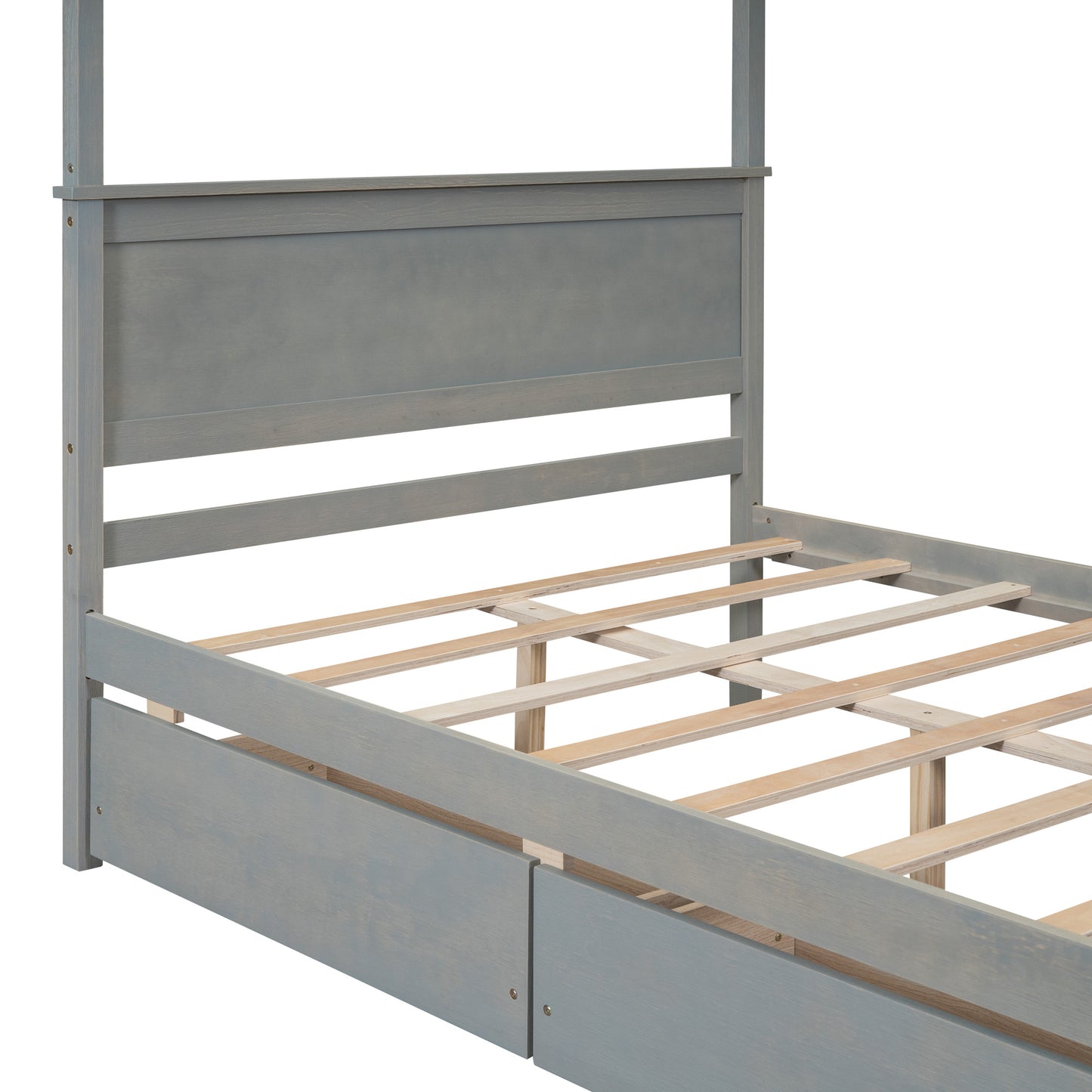 wood canopy bed with two drawers, grey