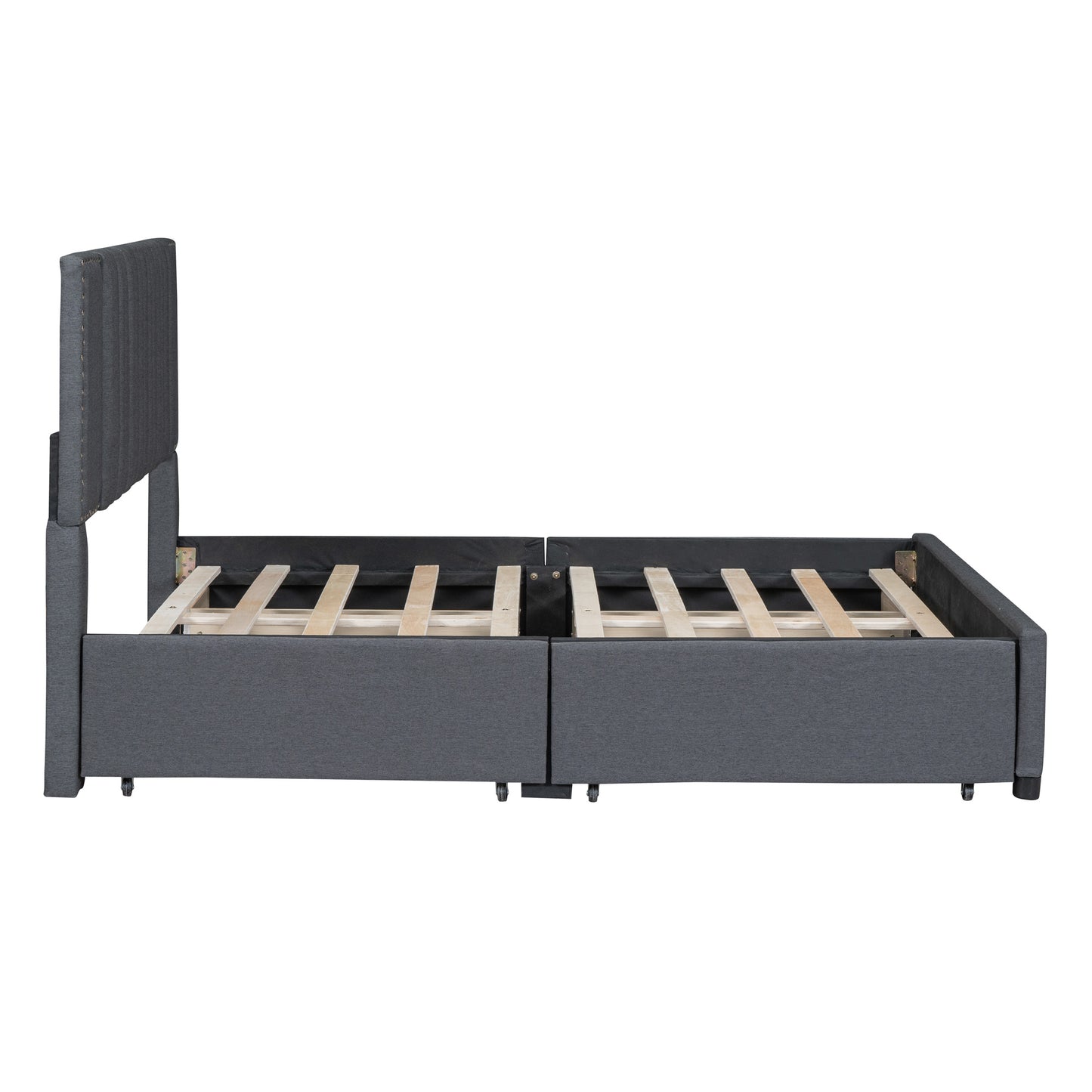 upholstered platform bed with classic headboard and 4 drawers, gray