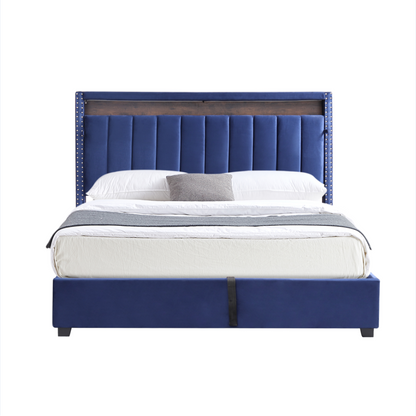 Luxury Gas Lift Storage Bed with RF LED Lights & Storage Headboard , Blue