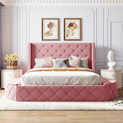 Upholstered Platform Storage Velvet Bed with Wingback Headboard- Pink