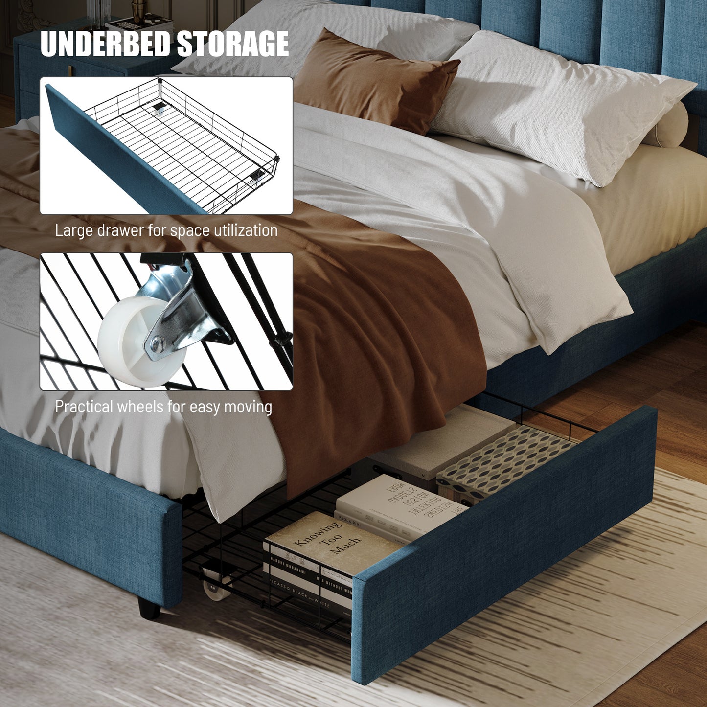 roe upholstered platform bed with 2 drawers stitched