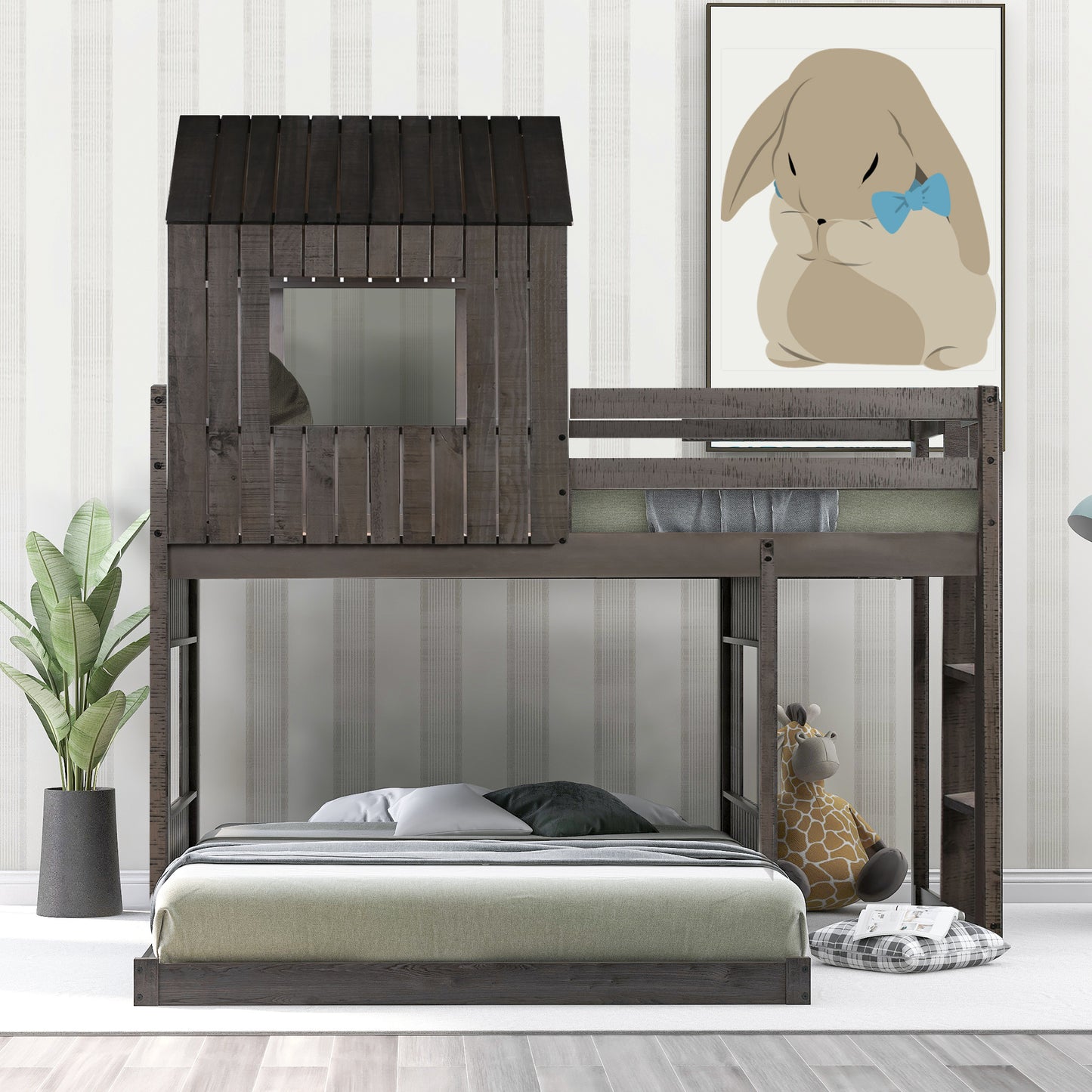 loft bed with playhouse, farmhouse, ladder and guardrails , antique gray