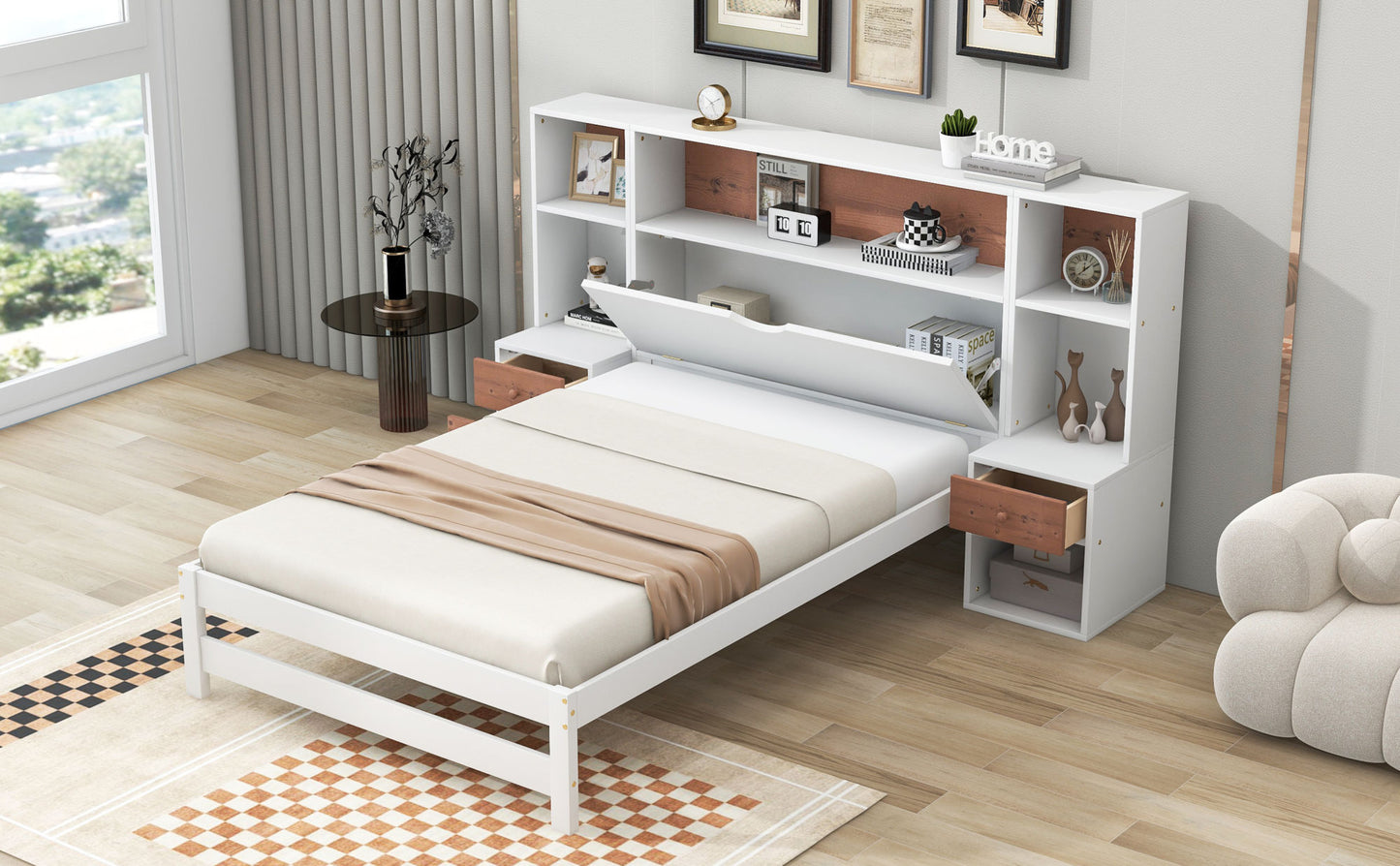 twin size platform bed with storage headboard and drawers, white