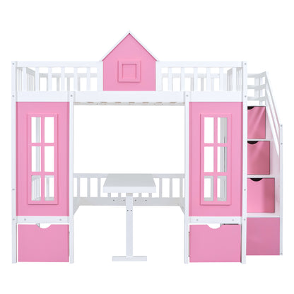 Full-Over-Full Bunk Bed with Changeable Table, Pink