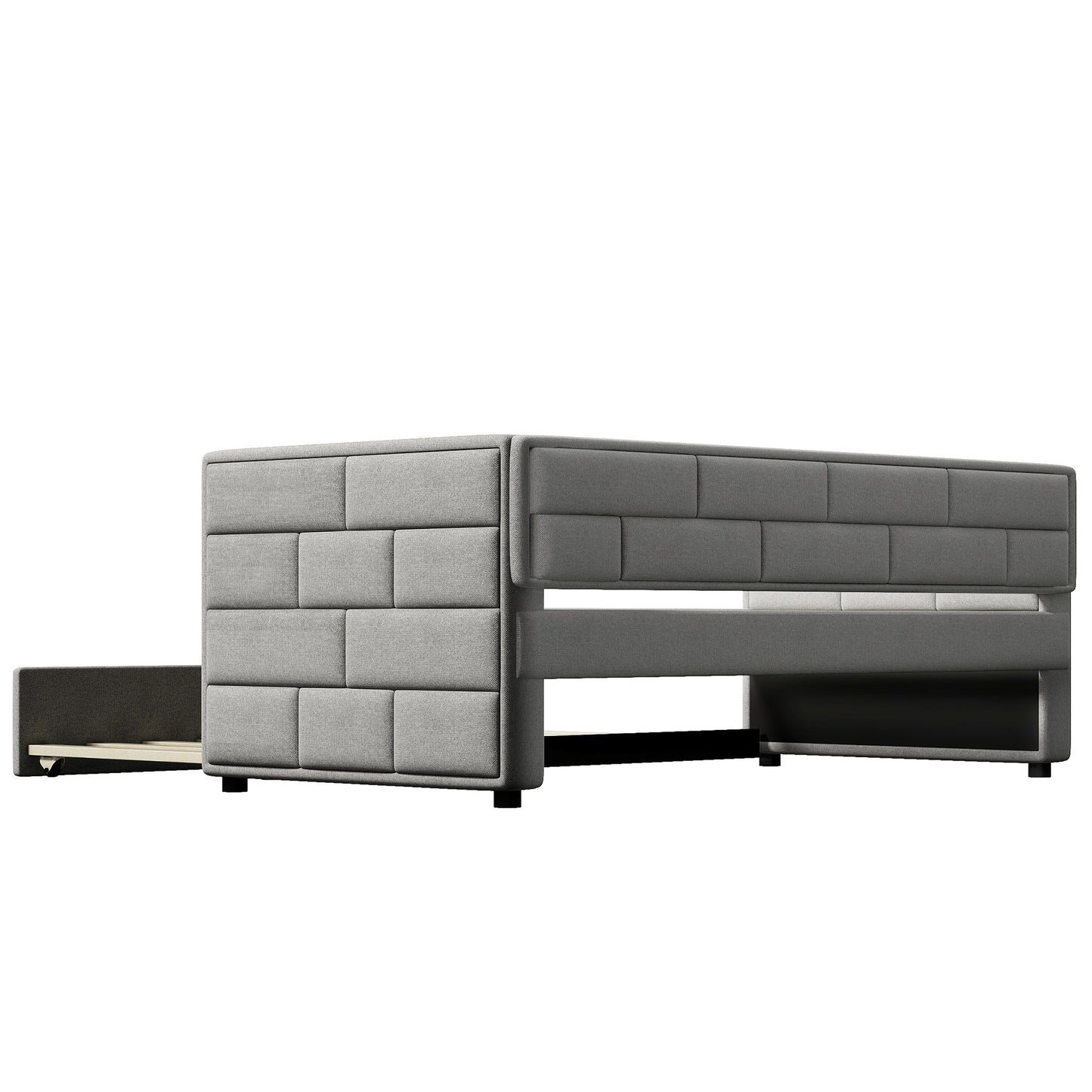 upholstered bed with padded back, gray
