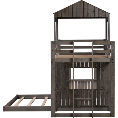 Loft Bed with Playhouse, Farmhouse, Ladder and Guardrails , Antique Gray