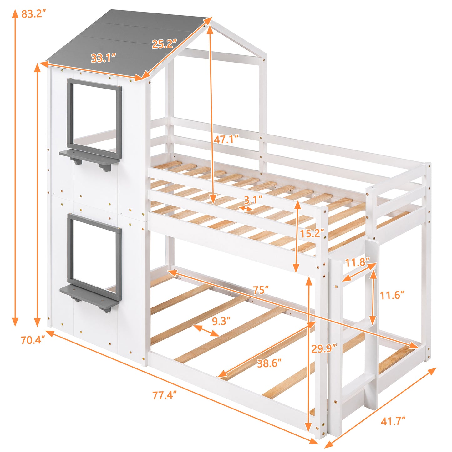 twin over twin bunk bed wood bed with roof, window, guardrail, and ladder