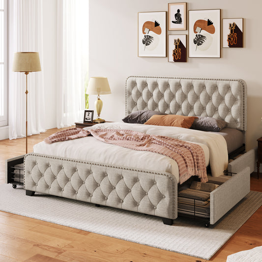 Upholstered Platform Bed Frame with Four Drawers, Beige