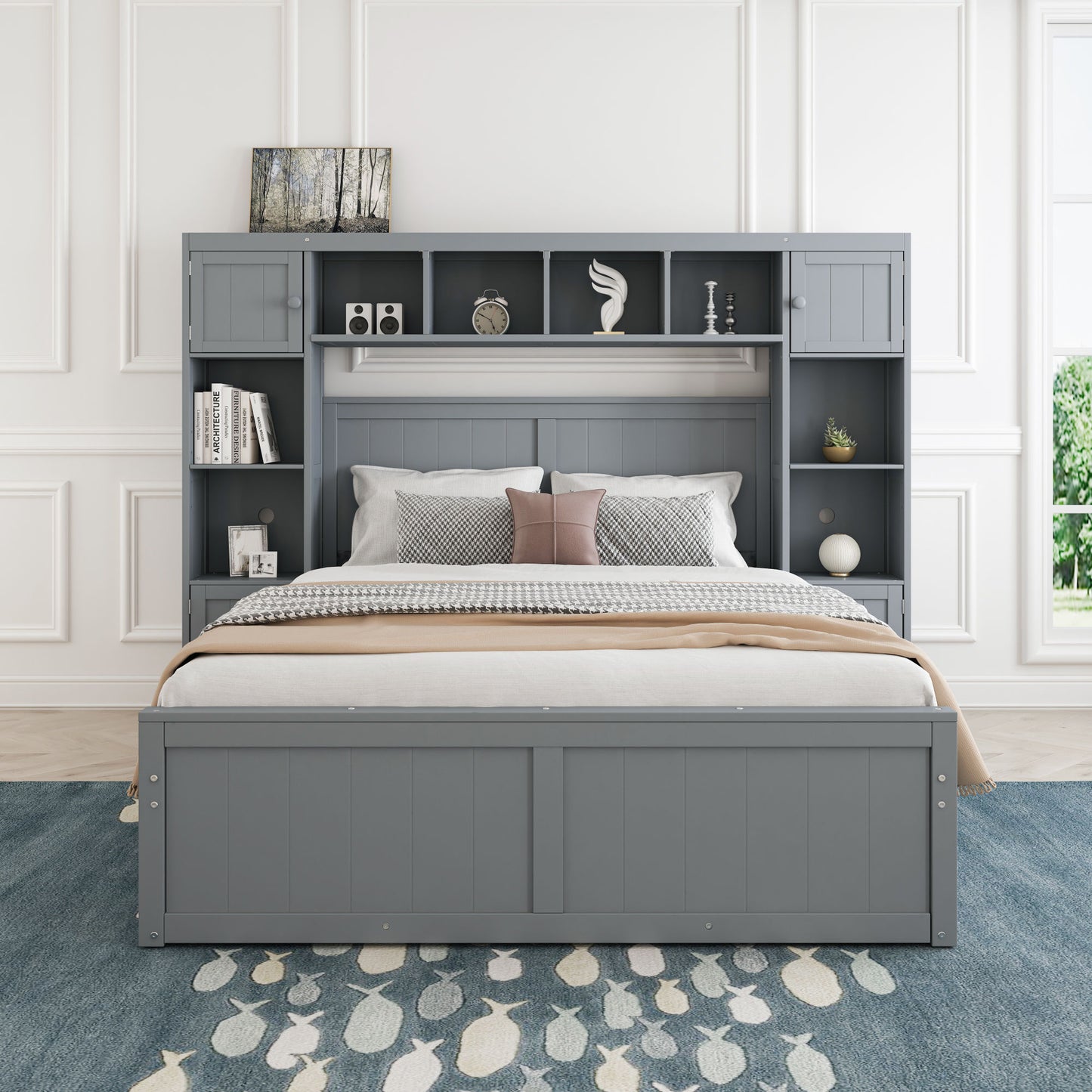 elegant and functional bed with 4 drawers and all-in-one cabinet and shelf, grey