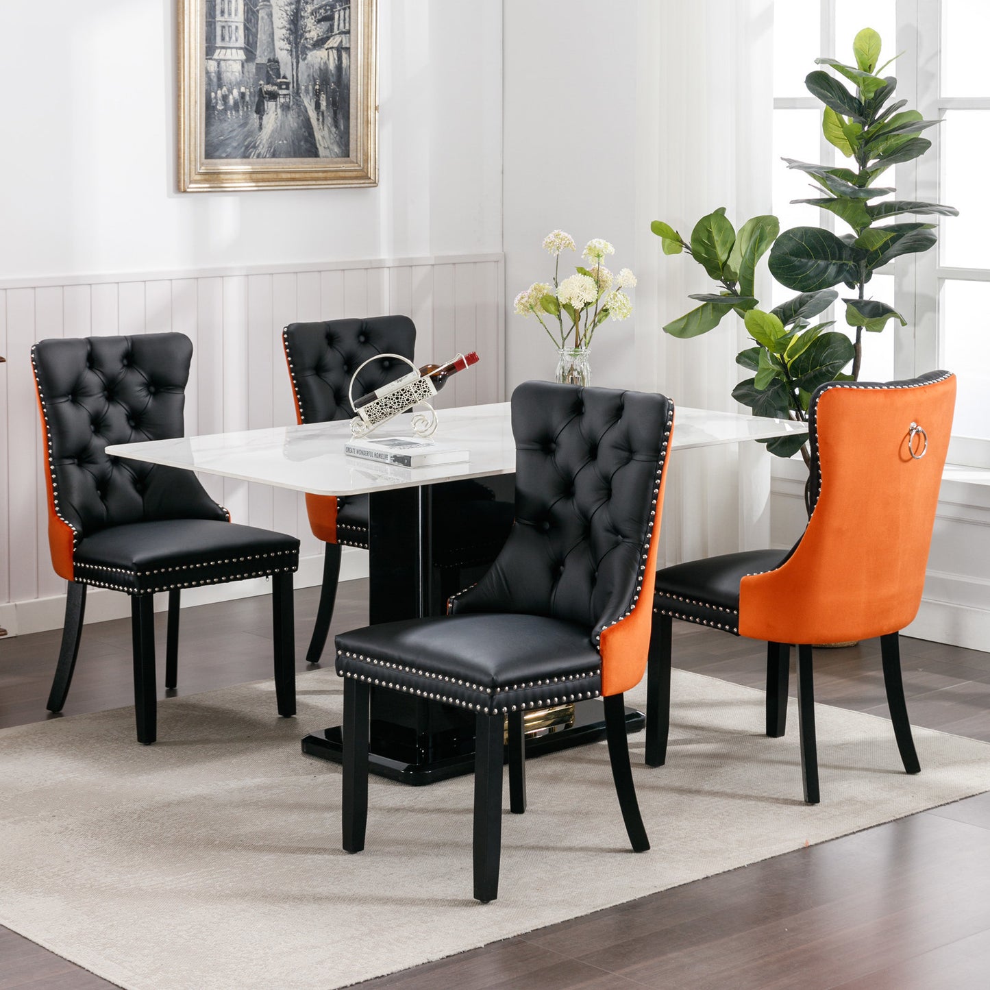 nikki collection modern high-end tufted dining chairs 2-pcs set, black+orange