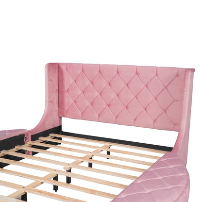 Upholstered Platform Storage Velvet Bed with Wingback Headboard- Pink