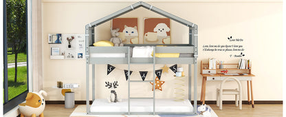 Twin Over Twin Bunk Bed Wood Bed with Tent