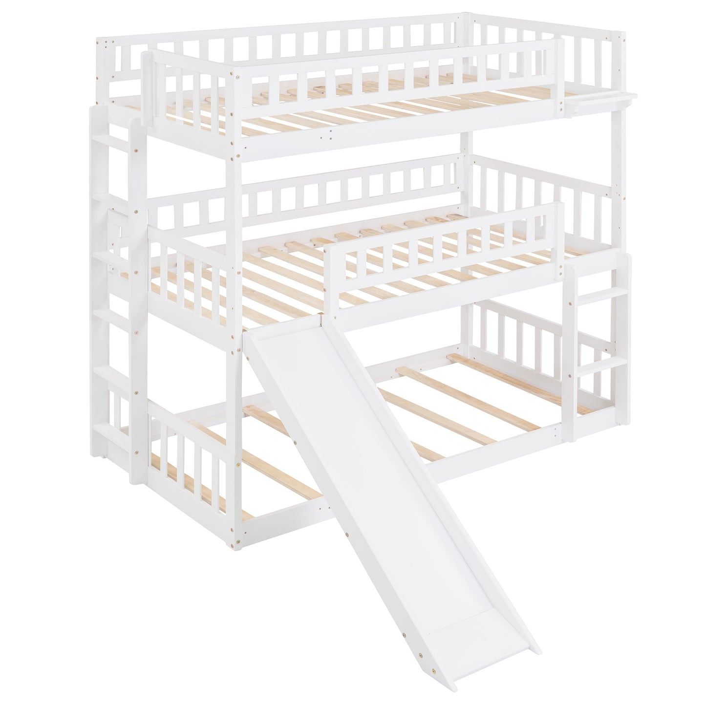 twin-over-twin-over-twin triple bed with built-in ladder and slide