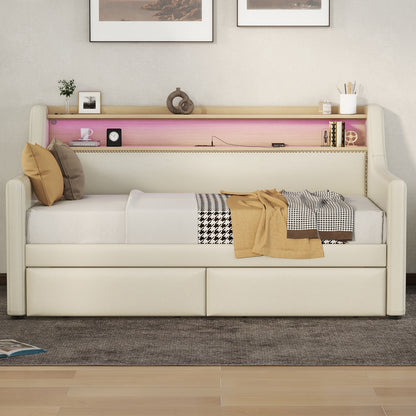 Upholstered Bed with Charging Station and LED Lights, Beige