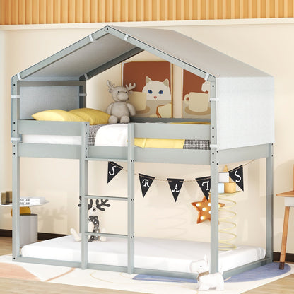 Twin Over Twin Bunk Bed Wood Bed with Tent
