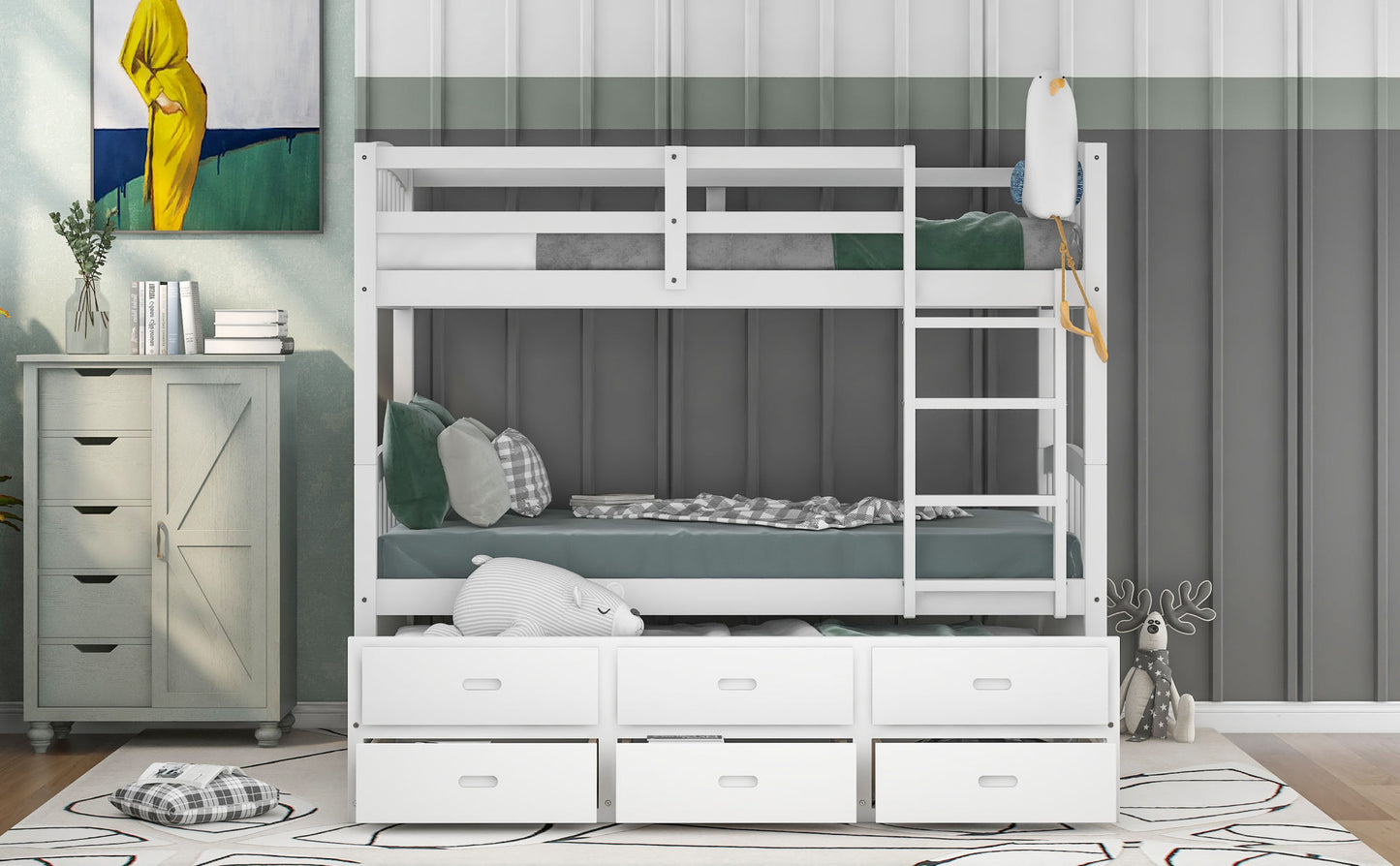 twin over twin wood bunk bed with trundle and drawers,white