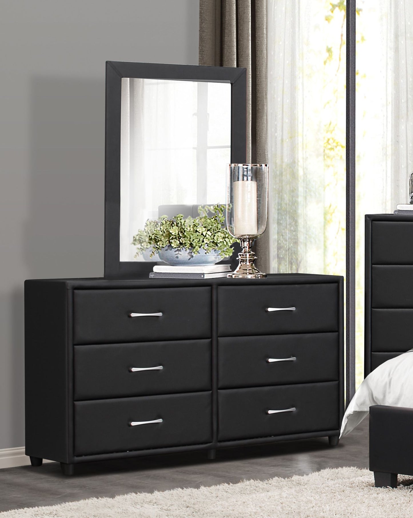 contemporary design black dresser 1pc 6x drawers faux leather upholstery plywood engineered wood