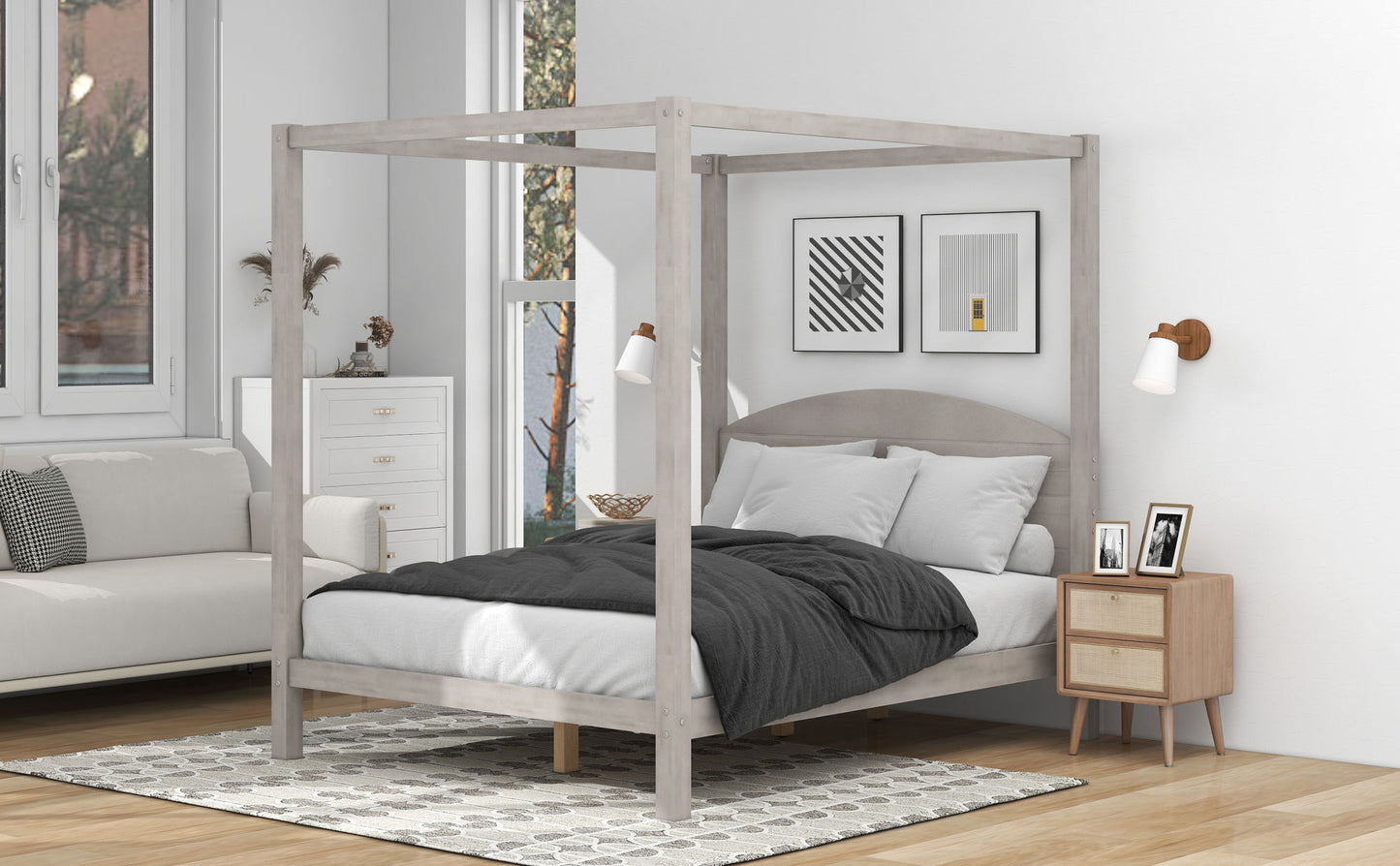 queen size canopy platform bed with headboard and support legs