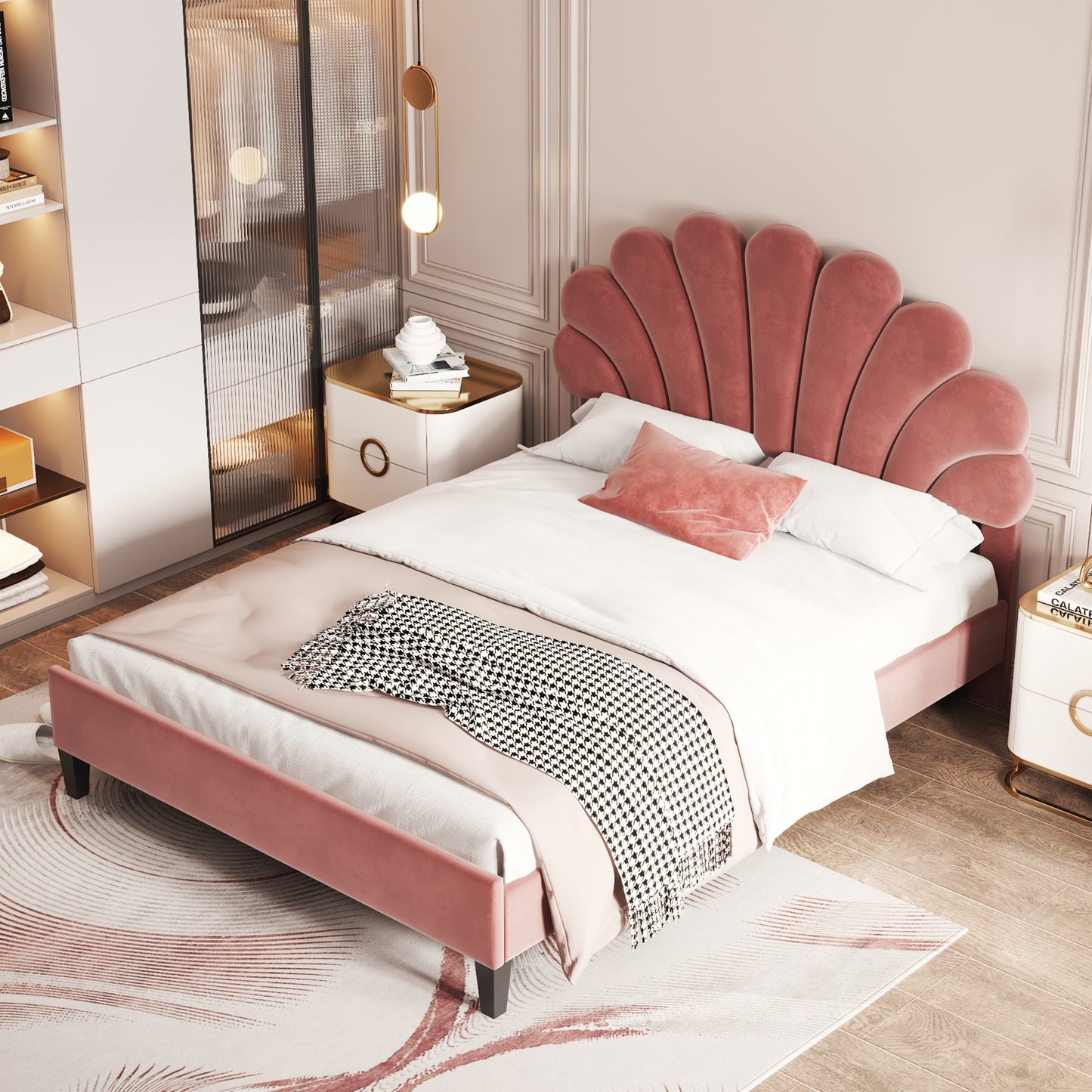 upholstered bed with flower pattern velvet headboard,