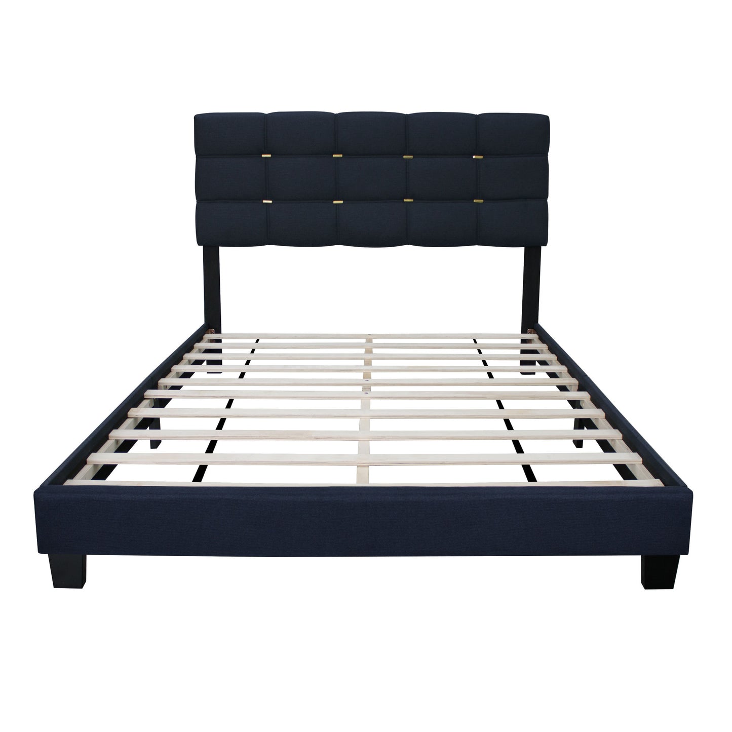elegant upholstered bed frame with gold accents on headboard