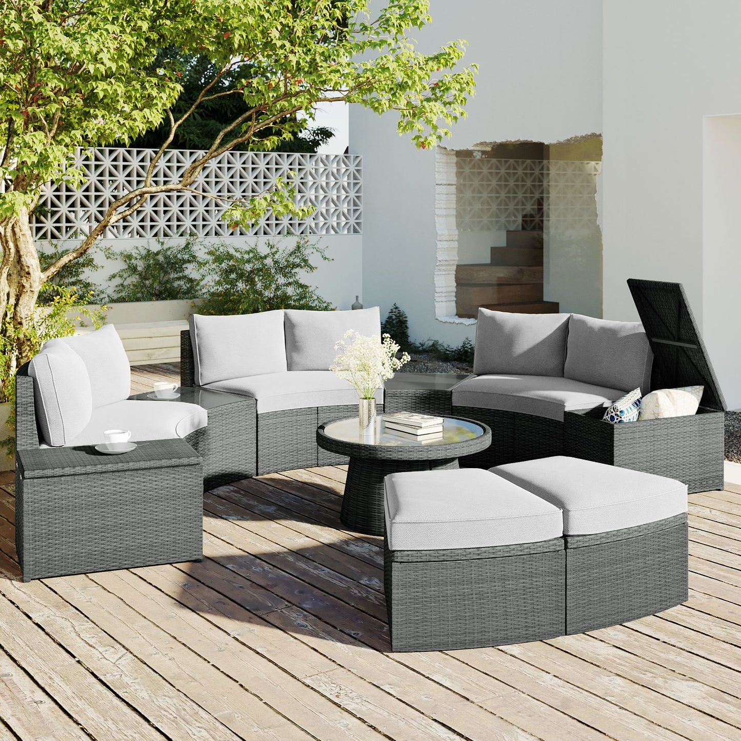 10-piece outdoor sectional half round patio rattan sofa set, light gray