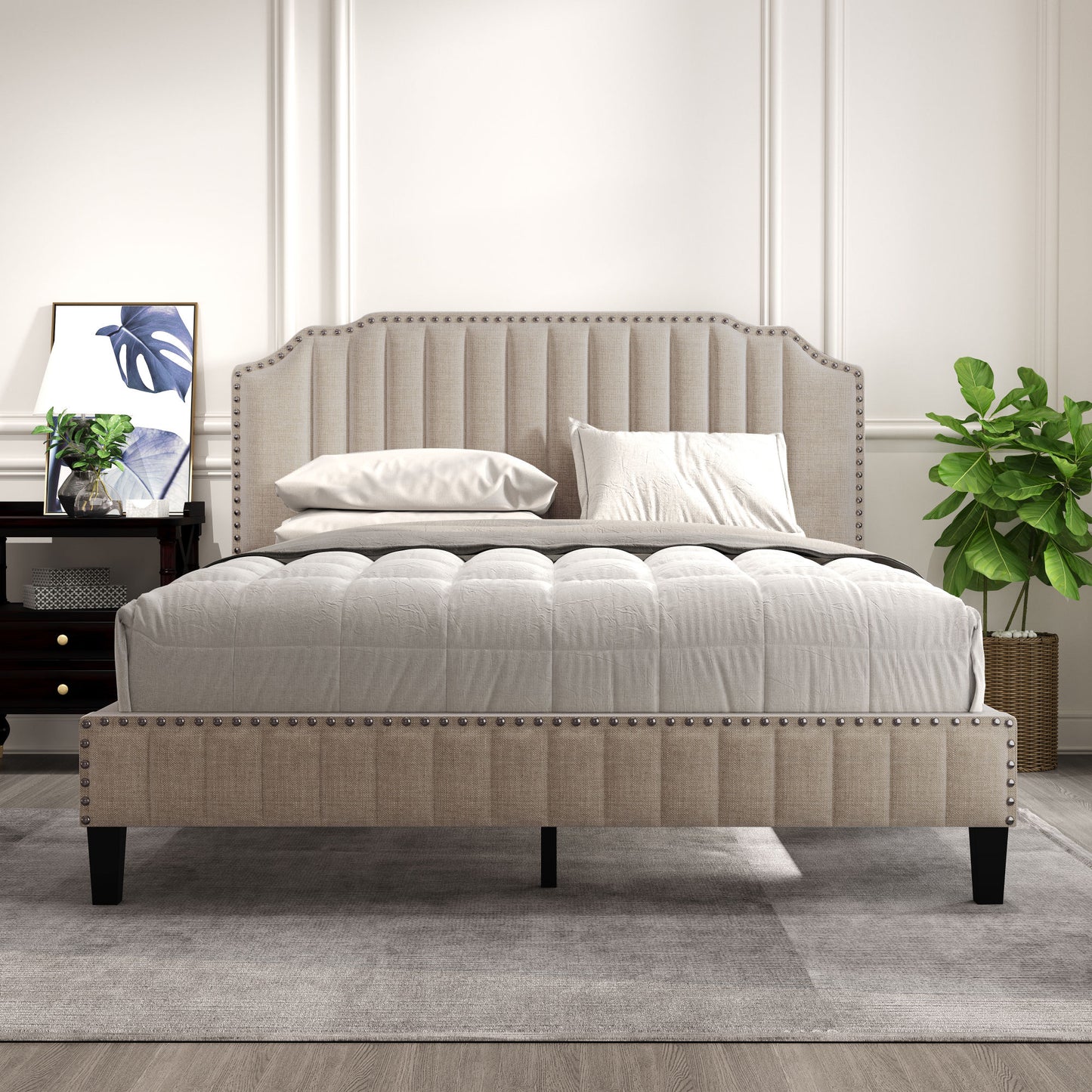 modern linen curved upholstered platform bed, beige