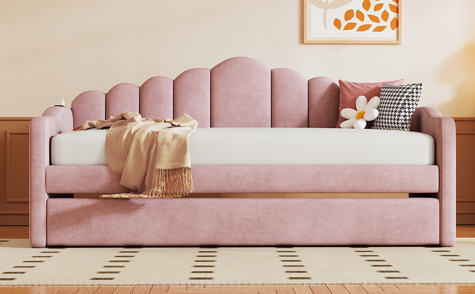 upholstered daybed with trundle & usb charging ports, pink