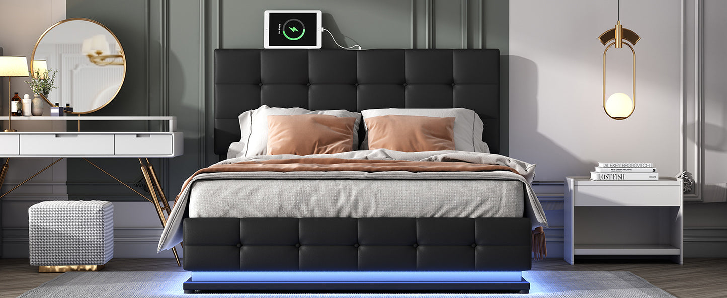 tufted upholstered platform bed with hydraulic storage system, led lights, and usb charger, black