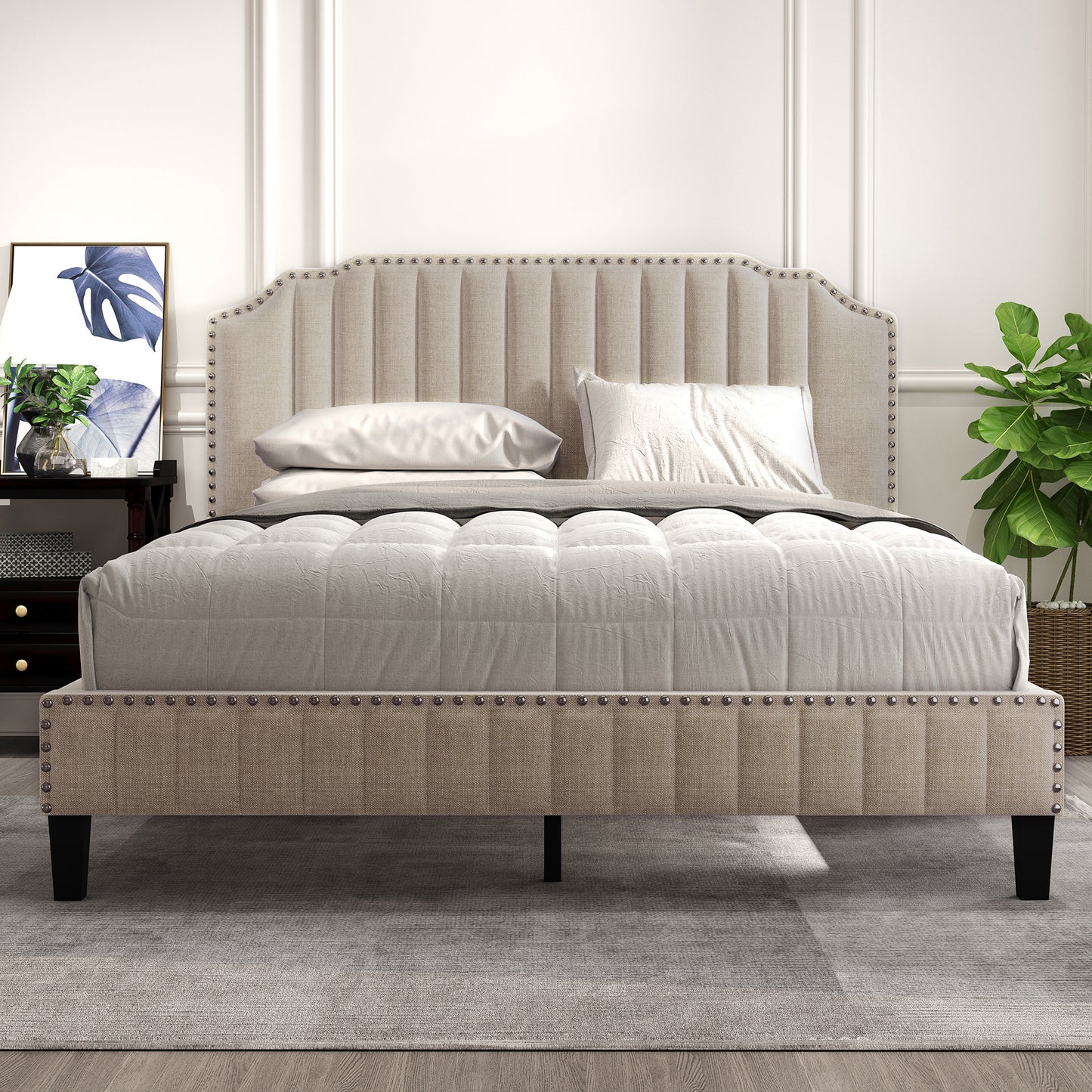 3 pieces bedroom set modern linen curved upholstered beige platform queen bed with two black cherry nightstands