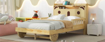 Car Bed with Bear-Shaped Headboard, USB and LED, Natural