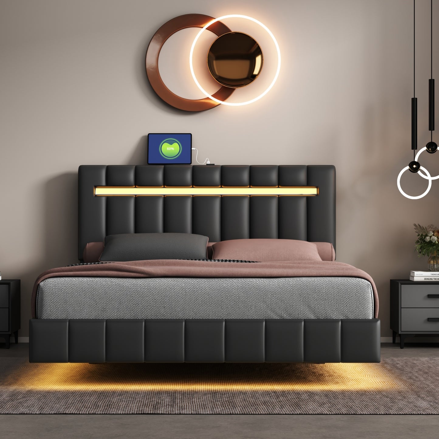 floating bed frame with led lights and usb charging #3