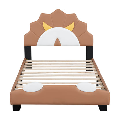Upholstered Leather Platform Bed with Lion-Shaped Headboard, Brown