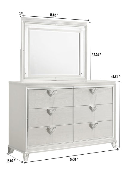 Prism Modern Style 6-Drawer Dresser with Mirror Accent & V-Shape Handles in White