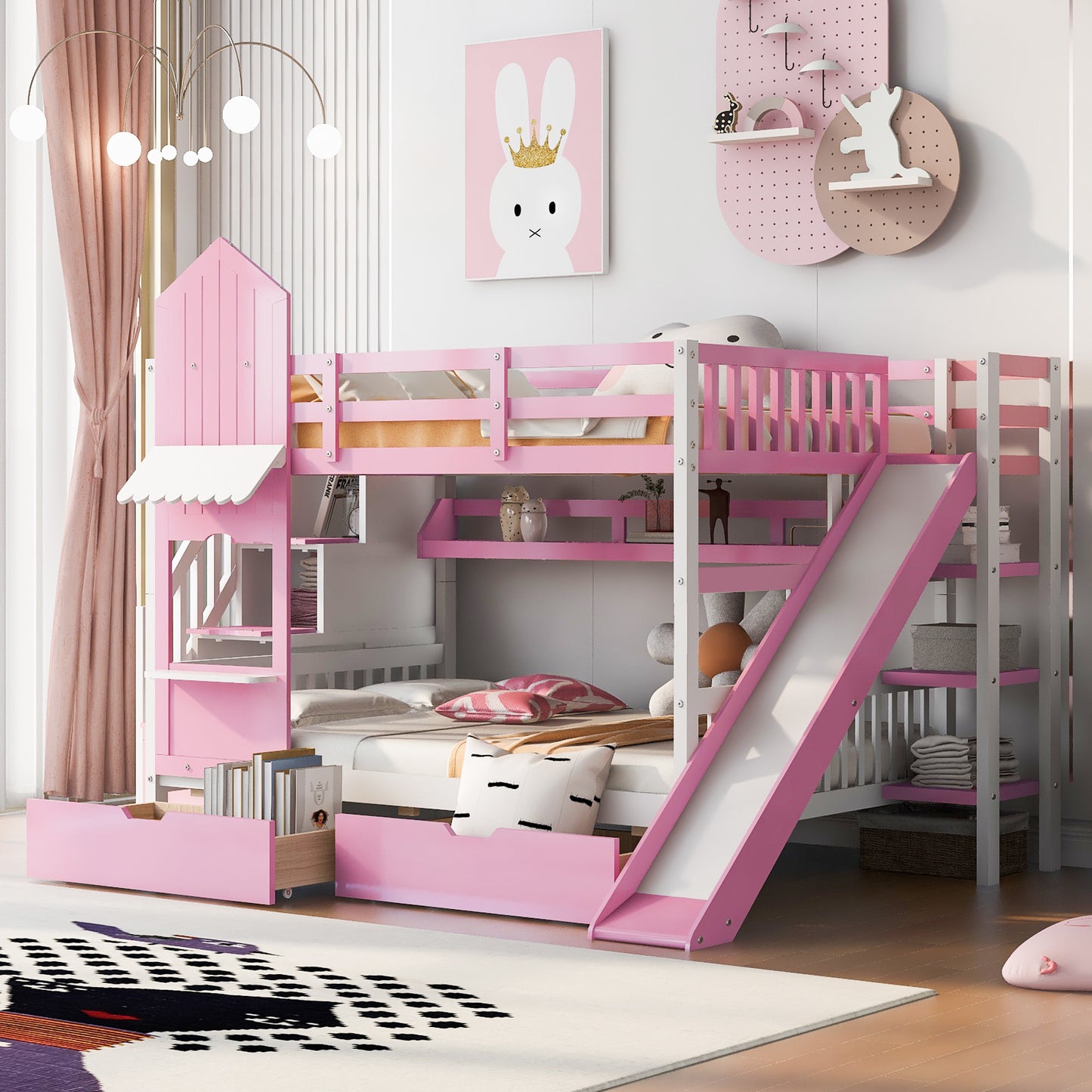 full-over-full castle style bunk bed with 2 drawers 3 shelves and slide - pink