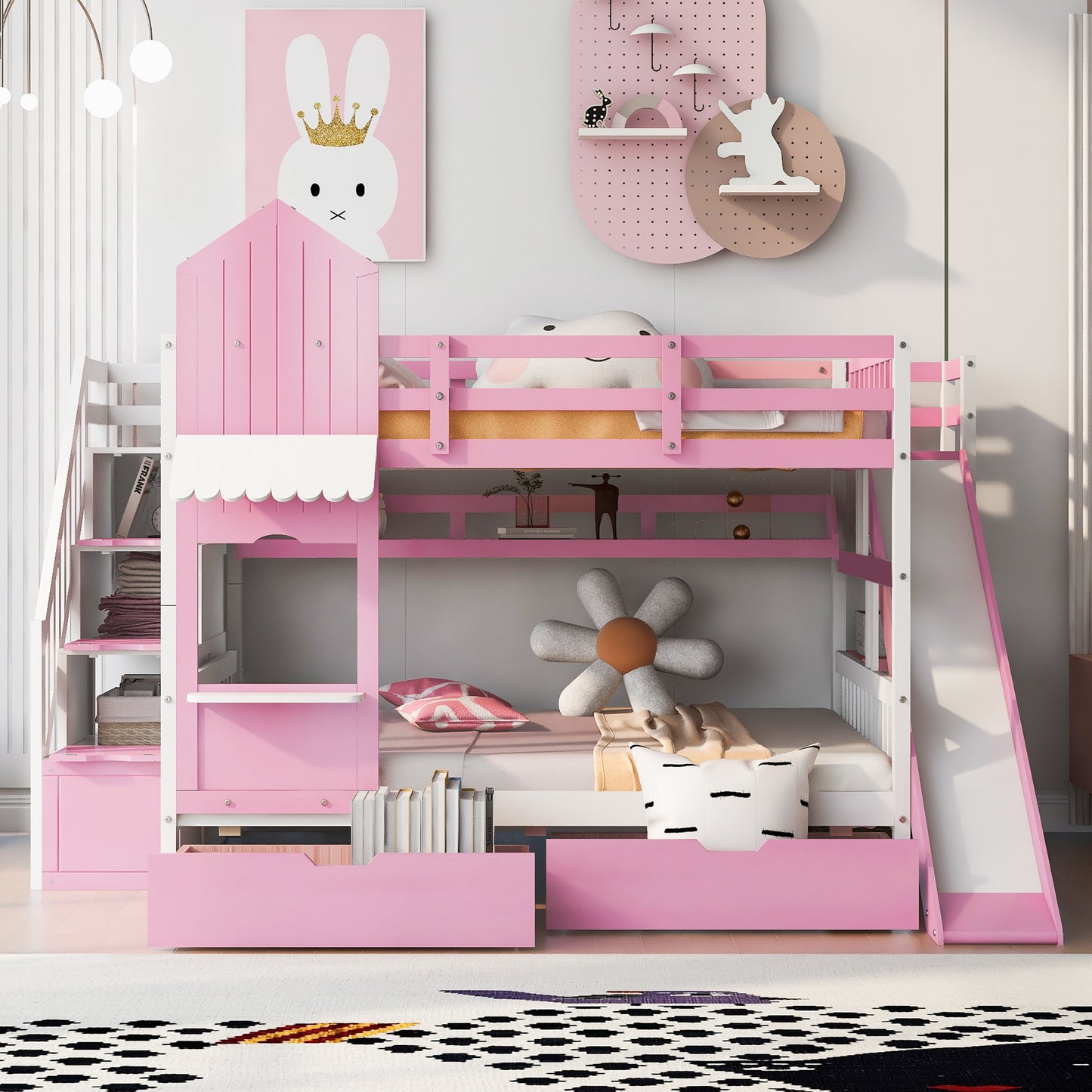 full-over-full castle style bunk bed with 2 drawers 3 shelves and slide - pink