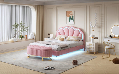 2-Pieces Upholstered LED Platform Bed with Storage Ottoman-Velvet