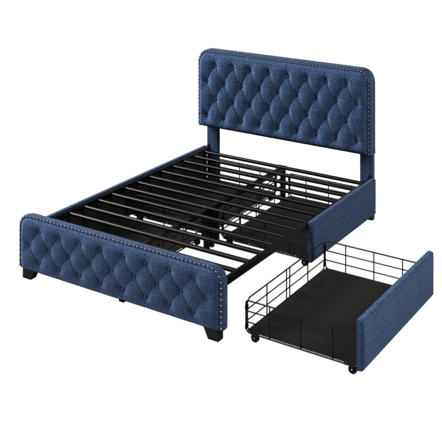 upholstered platform bed frame with four drawers, blue