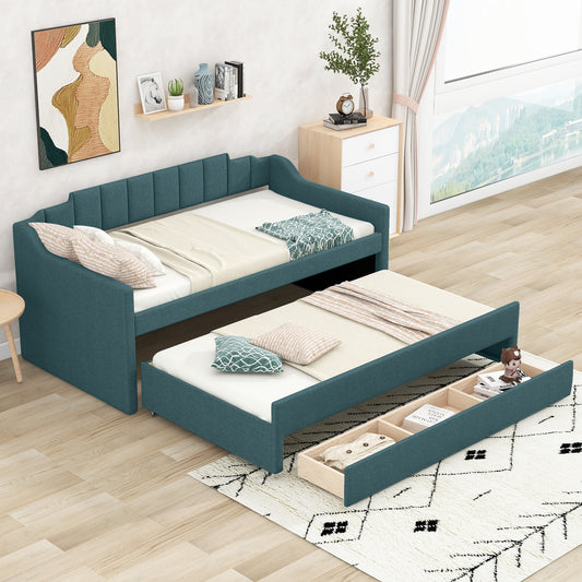 Eli Upholstered Daybed with Trundle and Three Drawers, Green