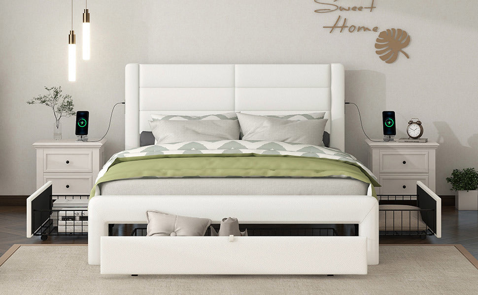 leather upholstered platform bed with drawer storage & charging station, white