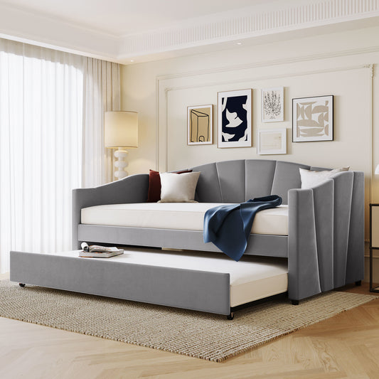 Upholstered Bed with Trundle Bed and Wood Slat ; Gray