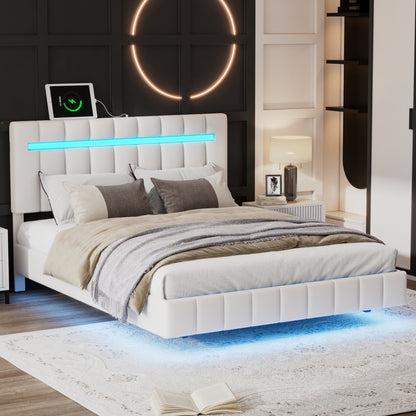 Floating Bed Frame with LED Lights and USB Charging