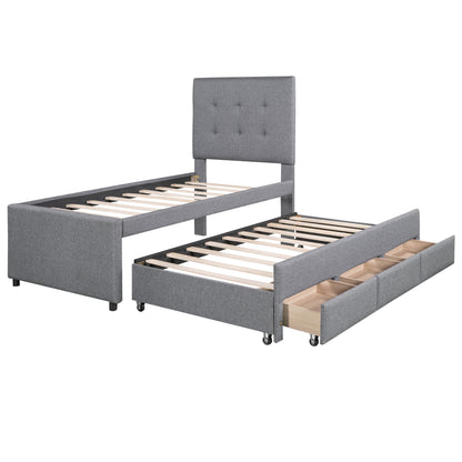 Upholstered Platform Bed with Pull-out Twin Size Trundle and 3 Drawers, Gray