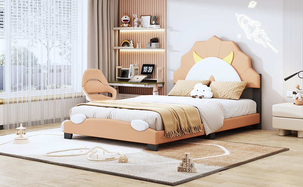 upholstered leather platform bed with lion-shaped headboard, brown