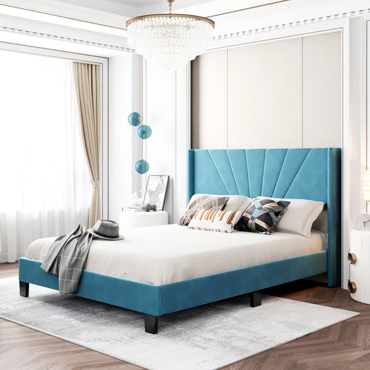 Queen Size Velvet Upholstered Platform Bed, Blue