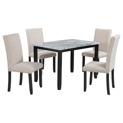 Faux Marble 5-Piece Dining Table Set ,White/Beige+Black