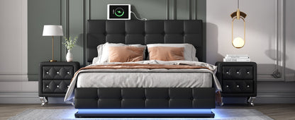 3-Pieces Upholstered Bedroom Sets with LED Lights ,Hydraulic Storage System, and USB Charging Station