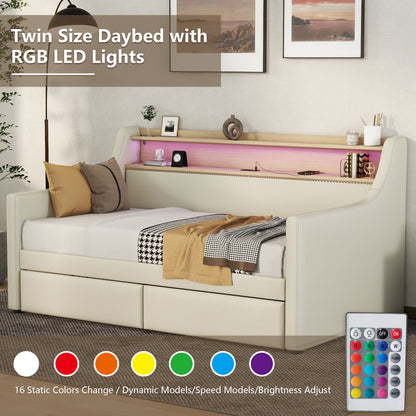 Upholstered Bed with Charging Station and LED Lights, Beige