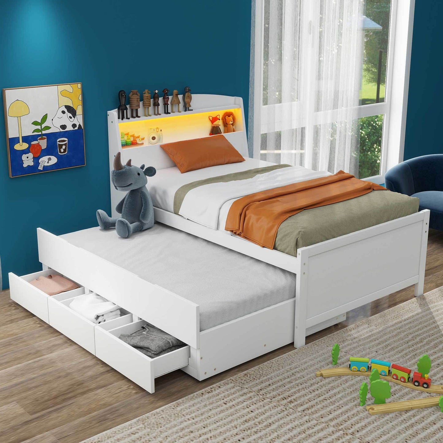 platform bed with storage led headboard, twin size trundle and 3 drawers, white